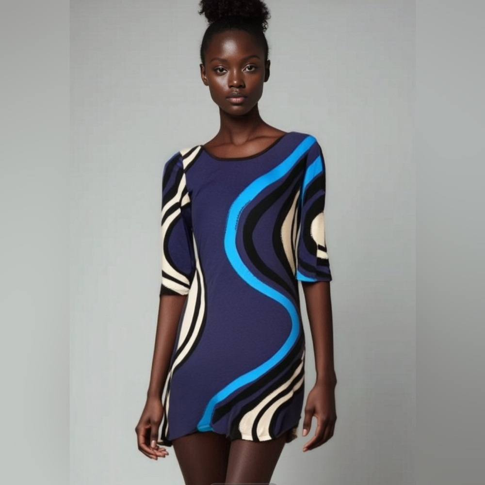 Luc Fontaine Yul Voy Collection Blue, Black and White Travel Dress - S